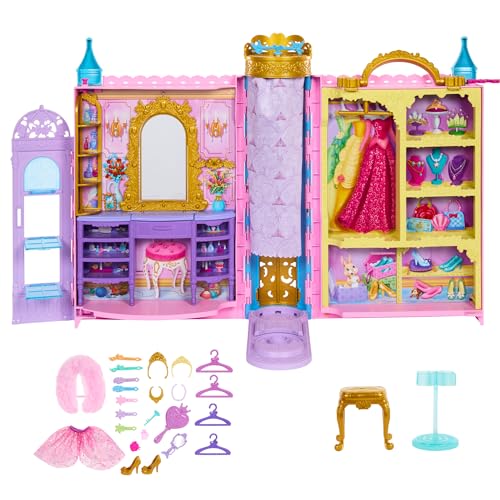 Mattel Disney Prinzessin-Schrankspielset mit 2 Kleidungsstücken, 25 Zubehörteilen, Frisiertisch, Ankleidezimmer, Laufsteg und Aufbewahrung, erweiterbar auf bis zu ca. 60 cm, vom Film inspiriert HXC20 von Mattel