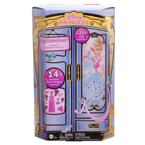 Mattel Disney Prinzessin-Spielzeug, Cinderella-Modepuppe mit Freundefigur und 12 geheimen Mode- und Zubehörteilen, inspiriert vom Disney-Film, Geschenke für Kinder, JCR96 von Mattel