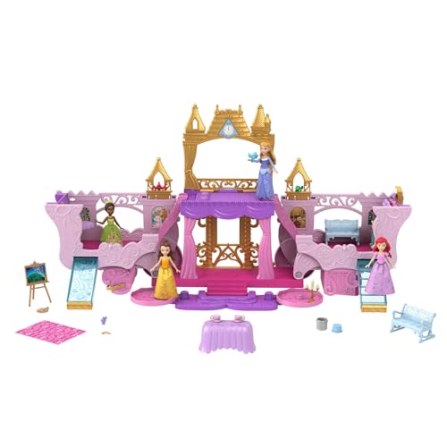Mattel Disney Prinzessin Verwandlungs-Spielset Kutsche zu Schloss mit kleiner Puppe Aurora, 3 Ebenen, 6 Spielbereichen, 4 Figuren, Möbeln & Zubehör HWX17 von Mattel