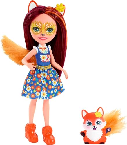 Enchantimals FXM71 - Felicity Fox Puppe & Flick-Figur, Puppe (15cm) mit Langen, brünetten Haaren, Tierohren und buschigem Schwanz, abnehmbarem Rock, Schuhen, Spielzeug Geschenk für Kinder ab 3 Jahren von Enchantimals
