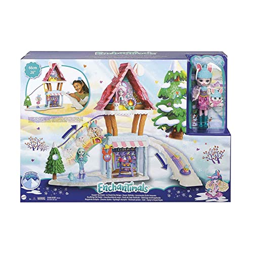 Enchantimals GJX50 - Hasen-Skihütte (ca. 63 cm) mit Bevy Bunny (ca. 15 cm), Tierfigur Jump, 5 Spielbereichen, Sessellift und Eisrutsche, tolles Geschenk für Kinder ab 3 Jahren von Enchantimals