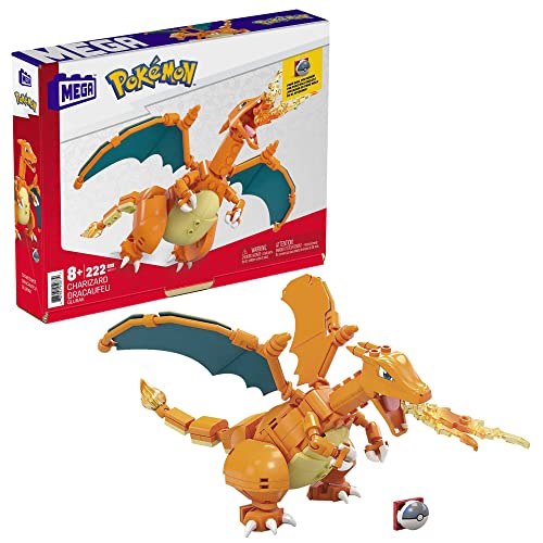 MEGA Pokémon Figuren, Glurak Figur zum Zusammenbauen, mit 223 Bausteinen, mit beweglichen Flügeln und Pokéball-Stift, Höhe: 10cm, Pokémon Spielzeug, Spielzeug ab 6 Jahre, GWY77 von MEGA