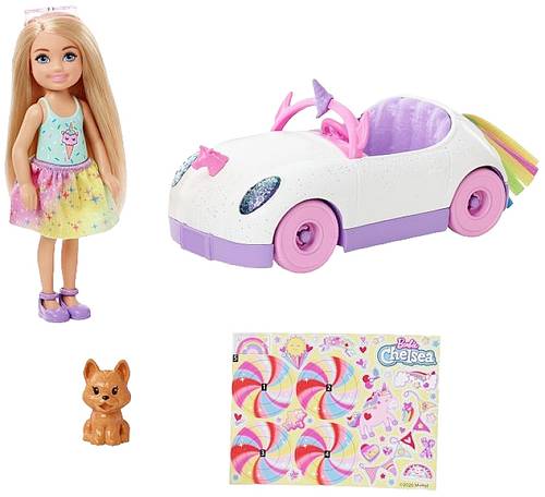 Mattel GXT41 Barbie Chelsea Puppe Spiel-Set inkl. Auto, Regenbogen-Einhorn Zub GXT41 von Mattel