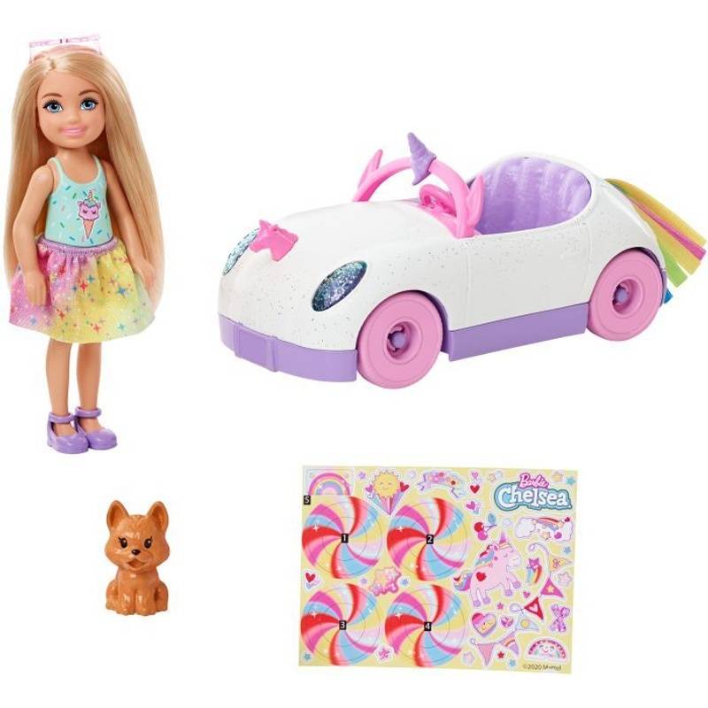 Mattel GXT41 Barbie Chelsea Puppe Spiel-Set inkl. Auto, Regenbogen-Einhorn Zub von Mattel Barbie