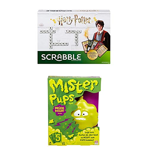 Mattel Games GMG29 - Scrabble Harry Potter Wörterspiel in deutscher Sprachversion + Mister Pups lustiges Kartenspiel und Kinderspiel geeignet für 2 - 6 Spieler von Mattel