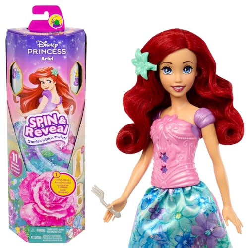 Mattel Disney Prinzessin Arielle Modepuppen-Set, Spin & Reveal mit 11 Überraschungen, darunter 5 Accessoires, 5 Sticker und eine Szene zum Spielen, vom Film inspiriert, HTV88 von Mattel