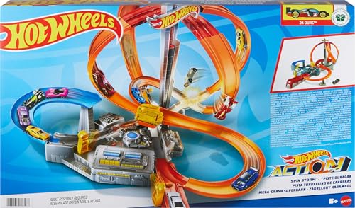 Hot Wheels CDL45 Action Mega Crash Superbahn, Trackset mit Loopings und Kurven inkl. 2 Starter und 1 Spielzeugauto, ab 6 Jahren Mehrfarbig von Hot Wheels