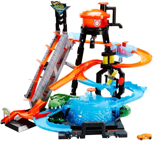 Hot Wheels FTB67 - City Ultimative Autowaschanlage mit Krokodil, Car Wash Waschstation Spielset mit Farbwechseleffekt inkl. 1 Spielzeugauto und Alligator, Spielzeug Autorennbahn ab 4 Jahren von Hot Wheels