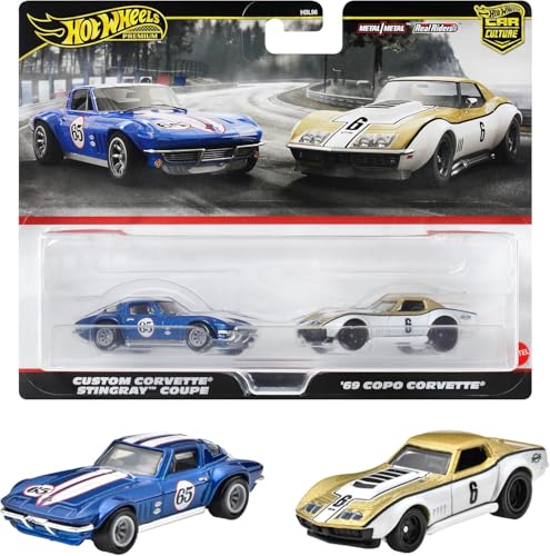 Mattel Hot Wheels HRR80 Premium Corveta COPO '69 Corvette Stingray Coupe, Mini-Spielzeugauto für 3-jährige Fahrzeuge, Blau, 2 Stück von Mattel