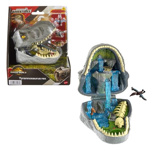 Mattel Jurassic World: Die Wiedergeburt, kleines Abenteuer-Spielset, Spinosaurus-Kopf öffnet sich, 4 interaktive Funktionen, 3 kleine Figuren, Dinosaurier-Spielzeug, JGB97 von Mattel