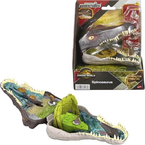 Mattel Jurassic World: Die Wiedergeburt, kleines Abenteuer-Spielset, Spinosaurus-Kopf öffnet sich, 4 interaktive Funktionen, 3 kleine Figuren, Dinosaurier-Spielzeug, JGB98 von Mattel