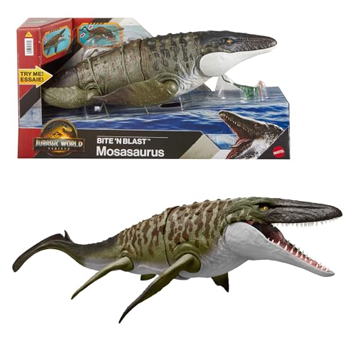 Mattel Jurassic World: Die Wiedergeburt Bite N Blast Mosasaurus Actionfigur und Mini-Dilophosaurus, Dinosaurier-Spielzeug mit breitem Kiefer, filmgetreues und bewegliches Design, JJP80 von Mattel
