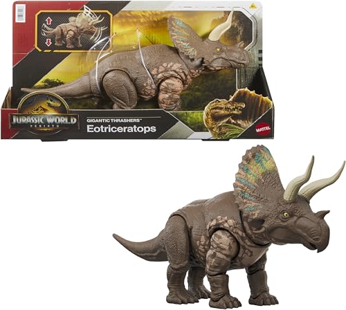 Mattel Jurassic World: Die Wiedergeburt Gigantic Thrashers Eotriceratops Dinosaurier-Spielzeugfigur, große Dinosaurierspezies, mit zwei akitvierbaren Wutattacken, digitales Spiel, JGB93 von Mattel