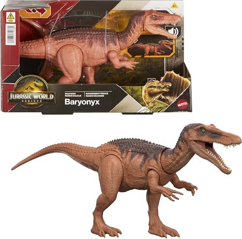 Mattel Jurassic World: Die Wiedergeburt Wild Roar Baryonyx Dinosaurierspielzeug mit steuerbarem Beiß-Angriff in mehrere Richtungen und Brüllgeräusch, digitale Spielmöglichkeiten, JGC79 von Mattel