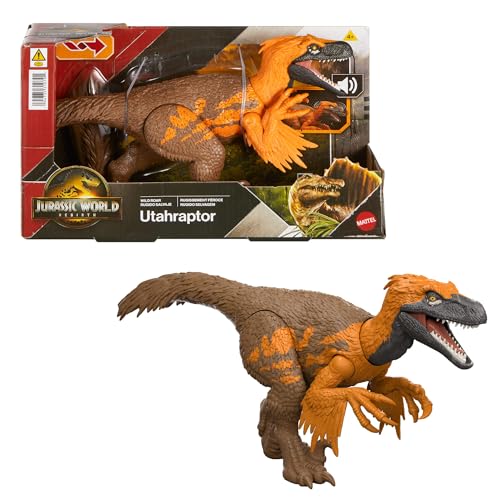 Mattel Jurassic World: Die Wiedergeburt Wild Roar Utahraptor Dinosaurierspielzeug mit steuerbarem Beiß-Angriff in mehrere Richtungen und Brüllgeräusch, beweglich, Spielmöglichkeiten, JGC80 von Mattel