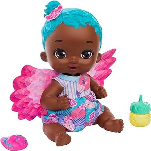 Mattel MY GARDEN BABY Flamingo - Interaktive Babypuppe mit Flügeln und Jasminduft, inkl. Fläschchen, Stoffwindel und Schnuller, abnehmbare Flügel als Decke, ca. 30 cm groß, HPD11 von Mattel