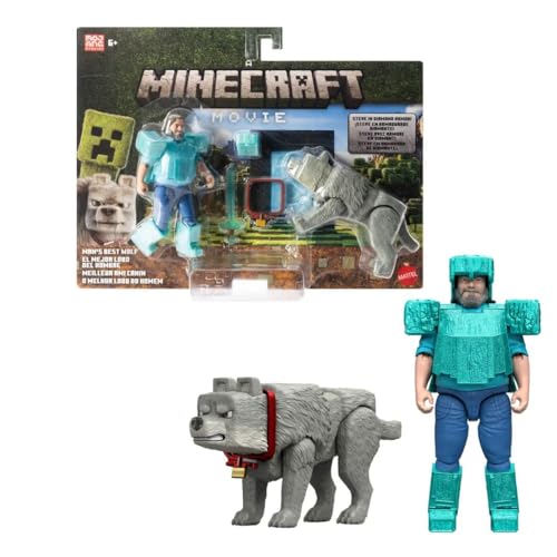 Mattel Minecraft 10.2 cm A Minecraft Movie Steve in Diamond Armor with Man's Best Wolf Dennis von Mattel