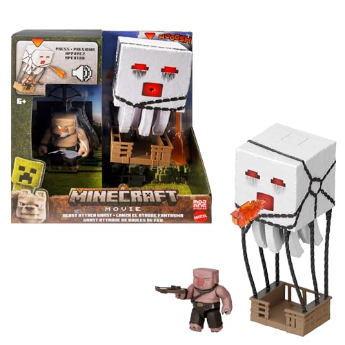 Mattel Minecraft Actionfigur-Set, Ghast mit Feuerattacke, Lichter, Geräusche, Starter und Projektil, Piglin-Krieger, vom Film inspiriert, JFB69 von Minecraft