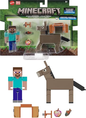 Mattel Minecraft Actionfiguren & Zubehör, 2er-Pack, Steve & Esel im 8,3 cm Maßstab, Sammelspielzeug-Set von Mattel