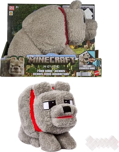 Mattel Minecraft Dennis der Wolf Plüschspielzeug mit Fütterspaß und Geräuschen, Plüschtier mit Fütter-Modus inspiriert von EIN Minecraft Film, JDW26 von Mattel