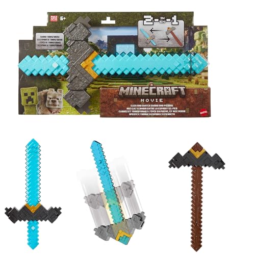 Mattel Minecraft Schwert-Spitzhacke 2-in-1-Spielzeug, per Knopfdruck wechselbar, Rollenspielzubehör, von Ein Minecraft Film inspiriert, JFR72, [Mehrfarbig] von Mattel