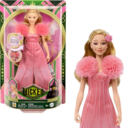 Mattel Singende Glinda-Modepuppe aus Wicked und Accessoires, beweglich und mit vom Film inspiriertem Look sowie abnehmbarem Outfit, singt Heißgeliebt“, JLG49, Pink von Mattel