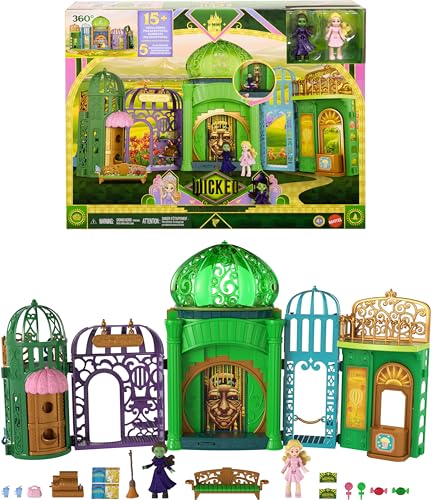 Mattel Universal Pictures Wicked Smaragdstadt Spielset mit kleinen Glinda- und Elphaba-Puppen, 5 Spielbereiche und 15 Zubehörteile, inspiriert vom Film, JFM22 von Mattel