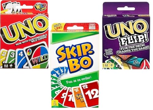 Mattel Uno, Flip und Skip-Bo Kartenspiel, Combo 3 Stück von Mattel
