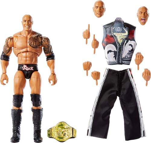 Mattel WWE Ultimate Edition Actionfigur & Zubehör, 15,2 cm The Rock Sammelset, austauschbare Köpfe & Hände, 30 Gelenkpunkte von Mattel