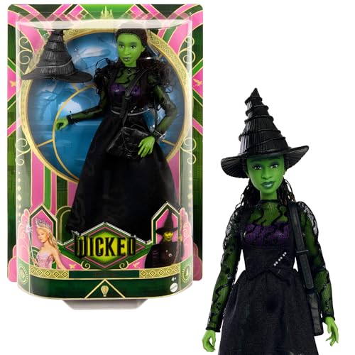 ​Mattel Wicked Elphaba-Modepuppe und Accessoires mit grüner Haut, geflochtenen schwarzen Haaren, verschiedene Posen möglich und ausziehbarer Ballkleid-Look, HXT62, [Mehrfarbig] von Mattel