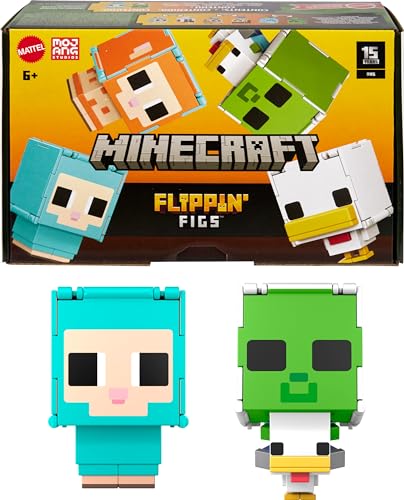 Mattel Minecraft Flippin’ Figs Schaf und Huhn 2er-Figurenpack mit 2-in-1-Spielfiguren, großen Köpfen und Pixeldesign HXK17 von Mattel
