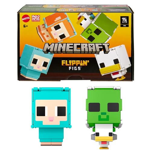 Mattel Minecraft Flippin’ Figs Schaf und Huhn 2er-Figurenpack mit 2-in-1-Spielfiguren, großen Köpfen und Pixeldesign HXK17 von Mattel