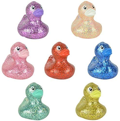 Mini-Glitzer-Gummi-Enten-Set mit 12 Stück (5,1 cm große lustige Wasserspielzeug-Entchen) + 2 Enten-Bleistiftaufsätze im Lieferumfang enthalten von Mattel