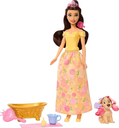 Mattel Disney Princess Belle Modepuppe mit Hündchen, Farbwechseleffekt, Badewanne, Bürste und Haarzubehör, inspiriert von Die Schöne und das Biest, JFC42 Mattel Disney Princess Belle Modepuppe mit Hündchen, Farbwechseleffekt, Badewanne, Bürste und Haarzubehör, inspiriert von Die Schöne und das Biest, JFC42 von Mattel