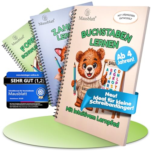 Mausblatt® 3er Set Buchstaben lernen ab 4 - Zahlen lernen ab 4 - Form- und Schwungübungen ab 4 - Vorschule Übungshefte ab 4 5 6 Junge & Mädchen - lesen lernen Vorschule - Schreiben lernen ab 4 von Mausblatt
