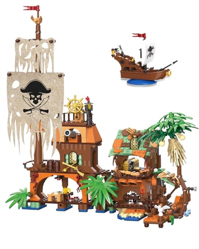 2-in-1 Piratenhafen-Bauspielzeug mit Piratenschiff, mittelalterliche Piratenspielzeuge, kompatibel mit Lego Piratenschiff-Sets, Jungen & Mädchen, 833 Teile von Mavo brix