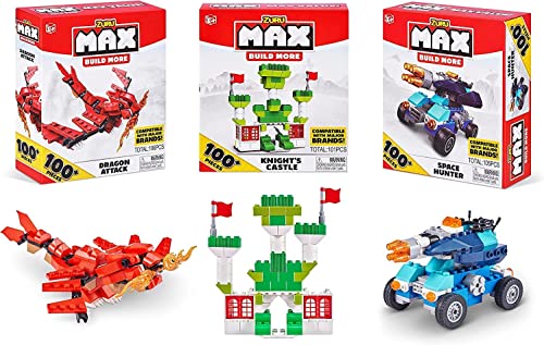 MAX Build More 100 Bausteine Set (3er Pack) von ZURU Über 300+ Spielzeugbausteine, 3 Modelle zum Bauen, Drachenangriff, Grünes Schloss und Weltraumauto (Kompatibel mit den großen Marken) von ZURU von Zuru
