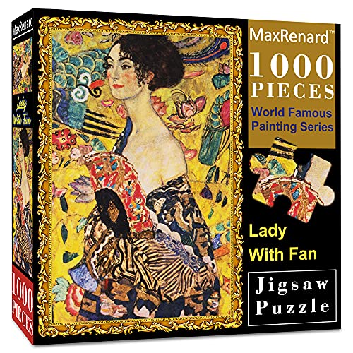 MaxRenard Puzzle 1000 Teile für Erwachsene Lady mit Fan von Klimt Challenging Puzzles Große Coole Puzzles Berühmte Kunst Gemälde von MaxRenard