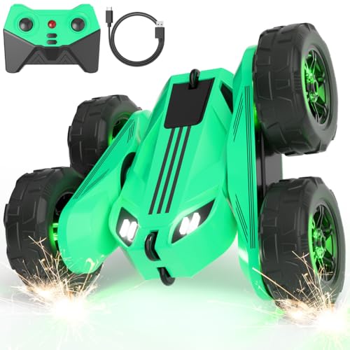 MaxTronic Direktladung RC Ferngesteuertes Auto mit LED, Exklusiv Dual-USB-C-Ladung für Auto & Fernbedienung – 360° Flips, 2.4G 15 km/h 4WD Gummi-Reifen – Vollständig aufladbares Stunt-Auto für Kinder von MaxTronic