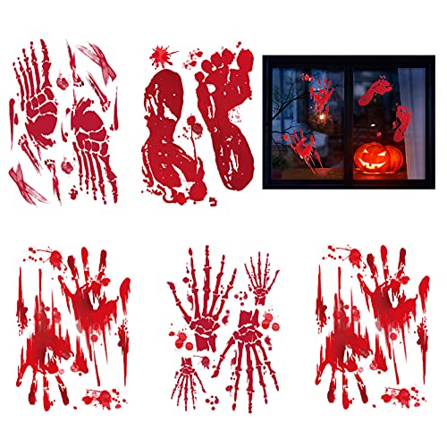 Maxee 5 Stück Blut Handabdrücken Mit Fußabdruck Realistisch Blutige Fensteraufkleber Tattoo Sticker für Halloween Karneval Party Deko, Spukhaus Zubehör von Maxee