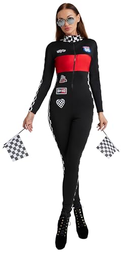 Maxim Party Supplies Damen Rennwagen Fahrer Kostüm, Schwarz und Rot Racing Overall mit Karomuster Halloween Outfit mit Flaggen (groß) von Maxim Party Supplies