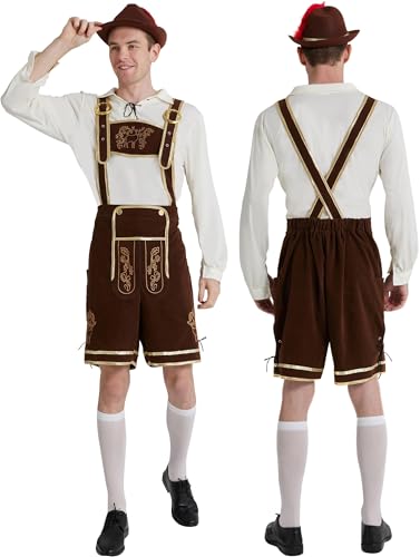 Maxim Party Supplies Herren Deutsche Lederhose Kostüm - Bayerisches Oktoberfest Outfit mit bestickten Strapshorts, weißes Hemd und Socken (Braun, X-Large) von Maxim Party Supplies