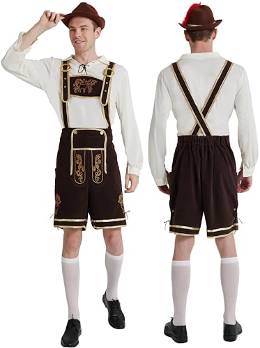 Maxim Party Supplies Herren Deutsche Lederhose Kostüm - Bayerisches Oktoberfest Outfit mit bestickten Strapshorts, weißes Hemd und Socken (Dunkelbraun, XX-Large) von Maxim Party Supplies