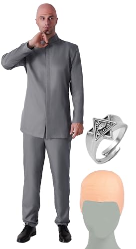 Maxim Party Supplies Herren Evil Doctor 60er Jahre Kostüm 4-teiliges Set mit grauem Anzug, Glatzenmütze und Ring für Halloween, Cosplay (Medium) von Maxim Party Supplies