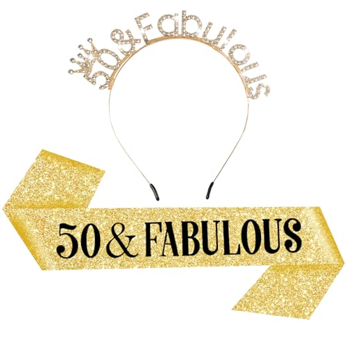 Maxqzin Dekoration zum 50. Geburtstag, Schärpe und Krone für Frauen, goldfarben, "50 & Fabulous", Geburtstagsschärpe, Stirnband, Tiara für Frauen, 50. Geburtstag, Partygeschenke, Geburtstagsgeschenke Maxqzin Dekoration zum 50. Geburtstag, Schärpe und Krone für Frauen, goldfarben, "50 & Fabulous", Geburtstagsschärpe, Stirnband, Tiara für Frauen, 50. Geburtstag, Partygeschenke, Geburtstagsgeschenke von Maxqzin