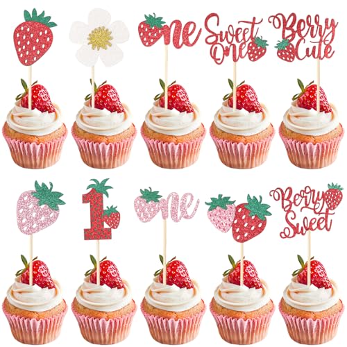 Maxqzin Erdbeer-Cupcake-Topper, Erdbeer-Kuchendekorationen, Erster Geburtstag, Dekoration für Sommer, Erdbeere, Babyparty, Partyzubehör, 30 Stück Maxqzin Erdbeer-Cupcake-Topper, Erdbeer-Kuchendekorationen, Erster Geburtstag, Dekoration für Sommer, Erdbeere, Babyparty, Partyzubehör, 30 Stück von Maxqzin