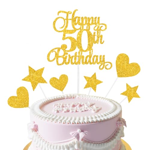 Maxqzin Kuchendekorationen zum 50. Geburtstag, Glitzer, Happy 50th Birthday, Tortenaufsätze, Happy Birthday Cake Toppers für 50. Jahrestag, Geburtstagsparty, Foto-Requisiten (Gold) von Maxqzin