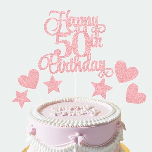 Maxqzin Kuchendekorationen zum 50. Geburtstag, Glitzer, Happy 50th Birthday, Tortenaufsätze, Happy Birthday Cake Toppers für 50. Jahrestag, Geburtstagsparty, Foto-Requisiten (Roségold) von Maxqzin