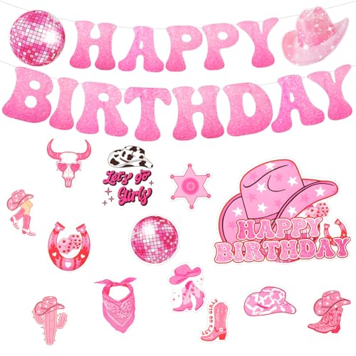 Maxqzin Rosa Cowgirl Geburtstagsdekorationen, Western Cowgirl Party Dekorationen, Hot Pink Happy Birthday Banner Supplies für Frauen Mädchen von Maxqzin