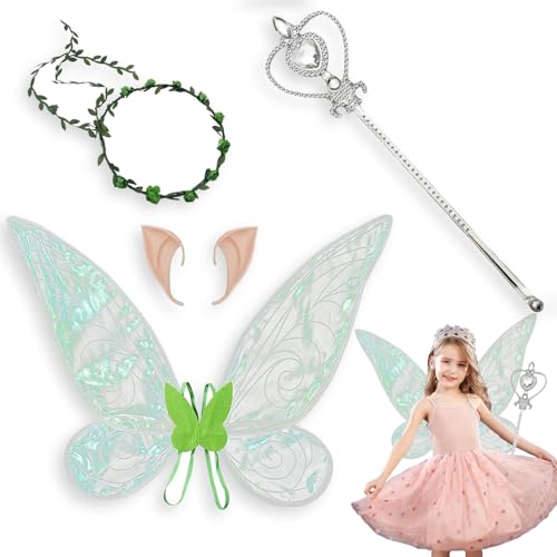 May Huang 4 Stück Feenflügel Kinder, Feen Flügel, Schmetterling Kostüm Kinder, Schmetterling Kostüm Set, Schmetterling Kostüm Mädchen, Geeignet Halloween, Karneval, Cosplay Party (Grün) von May Huang